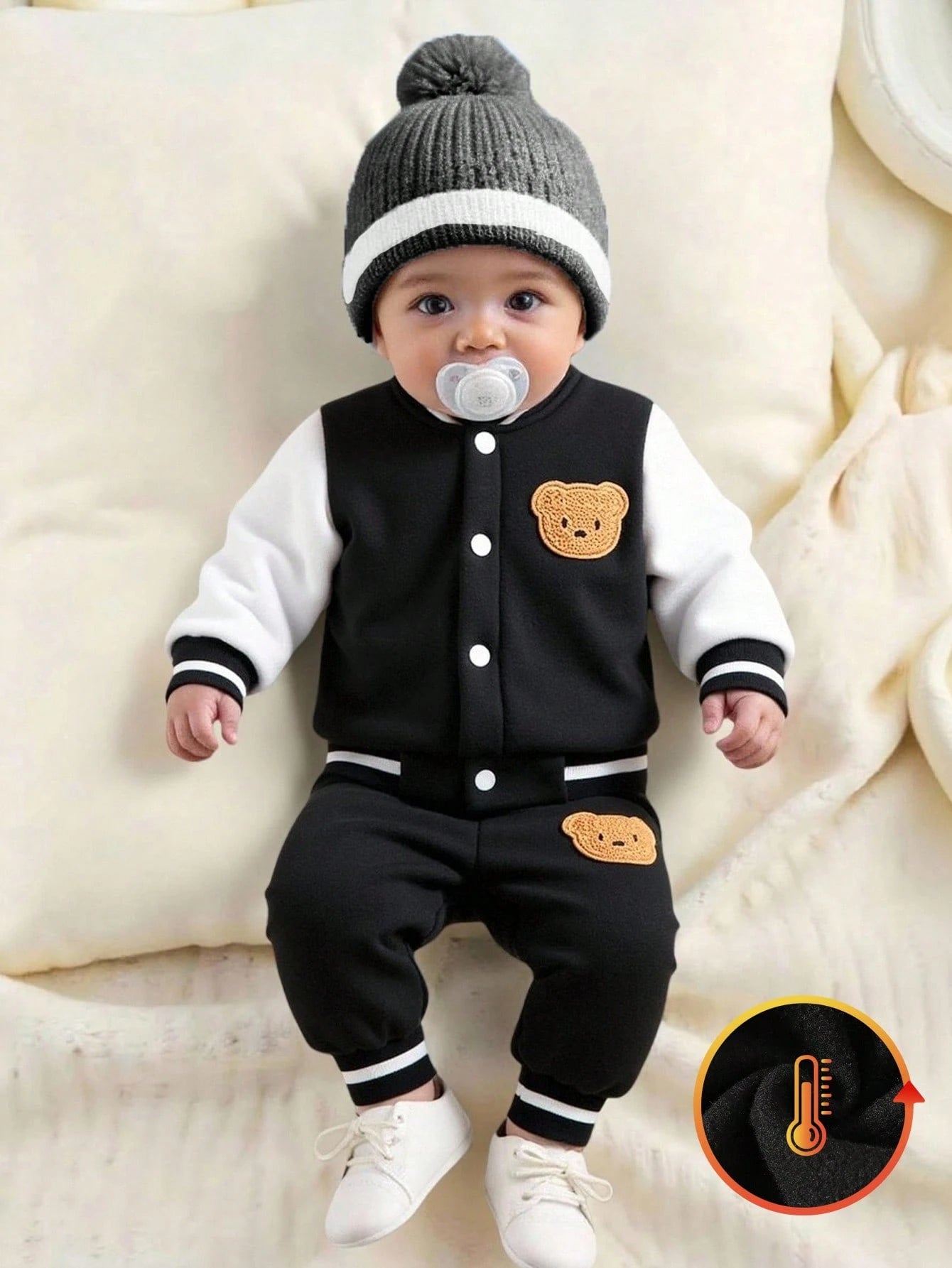 Newborn Boy Baby Bear Pattern 2pcs Suit Cute Autumn Blue And White Stripe Cable Knit Fabric Jacket And Pants Set Holiday Fashionable Boys Outfit