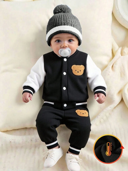 Newborn Boy Baby Bear Pattern 2pcs Suit Cute Autumn Blue And White Stripe Cable Knit Fabric Jacket And Pants Set Holiday Fashionable Boys Outfit