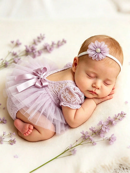 Newborn Photography Outfits Ribbon Bow Lace Romper With Headband Baby Girl Summer Mesh Dress For 0-3 Month