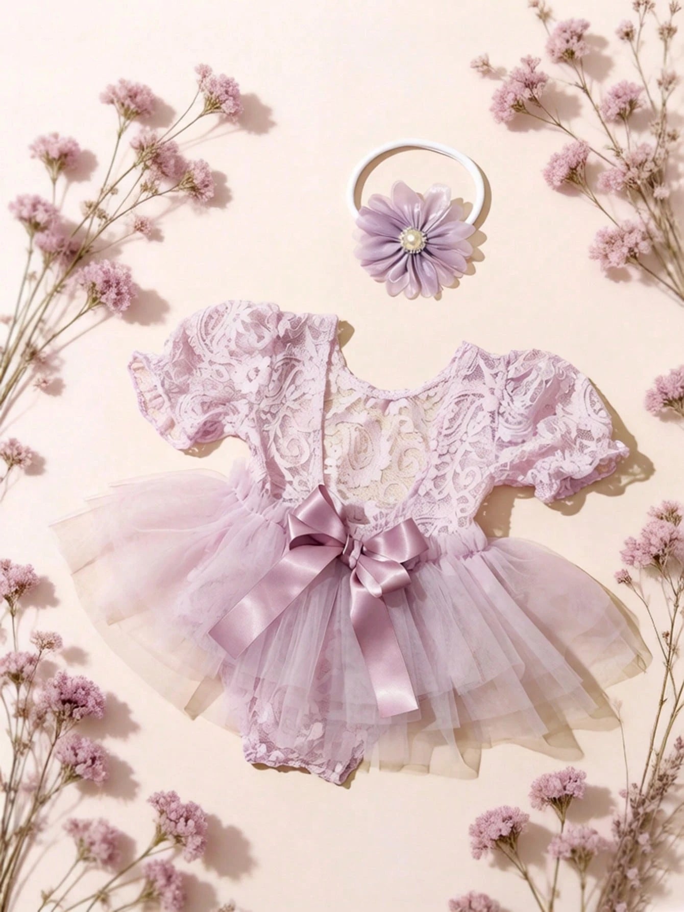 Newborn Photography Outfits Ribbon Bow Lace Romper With Headband Baby Girl Summer Mesh Dress For 0-3 Month