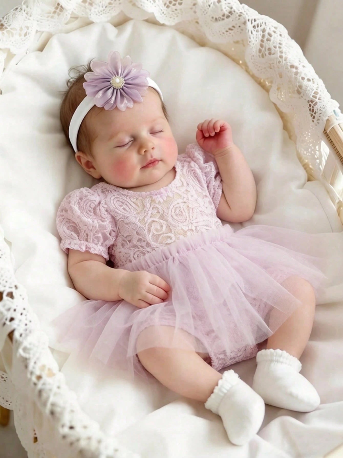 Newborn Photography Outfits Ribbon Bow Lace Romper With Headband Baby Girl Summer Mesh Dress For 0-3 Month