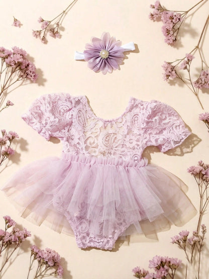 Newborn Photography Outfits Ribbon Bow Lace Romper With Headband Baby Girl Summer Mesh Dress For 0-3 Month