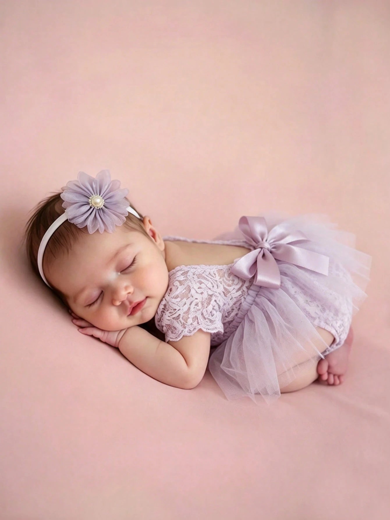 Newborn Photography Outfits Ribbon Bow Lace Romper With Headband Baby Girl Summer Mesh Dress For 0-3 Month