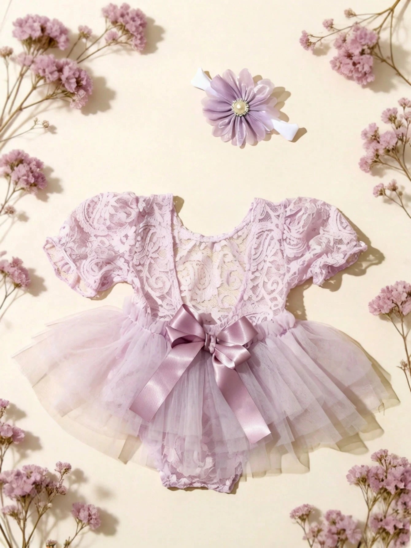 Newborn Photography Outfits Ribbon Bow Lace Romper With Headband Baby Girl Summer Mesh Dress For 0-3 Month