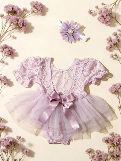 Newborn Photography Outfits Ribbon Bow Lace Romper With Headband Baby Girl Summer Mesh Dress For 0-3 Month