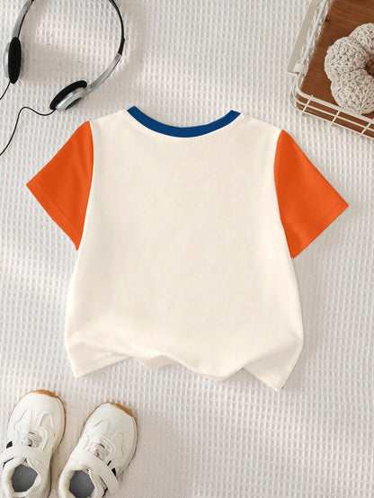 Nick 90s| Baby Boy Casual Contrast Color Cartoon Print Round Neck Short Sleeve Top, Summer