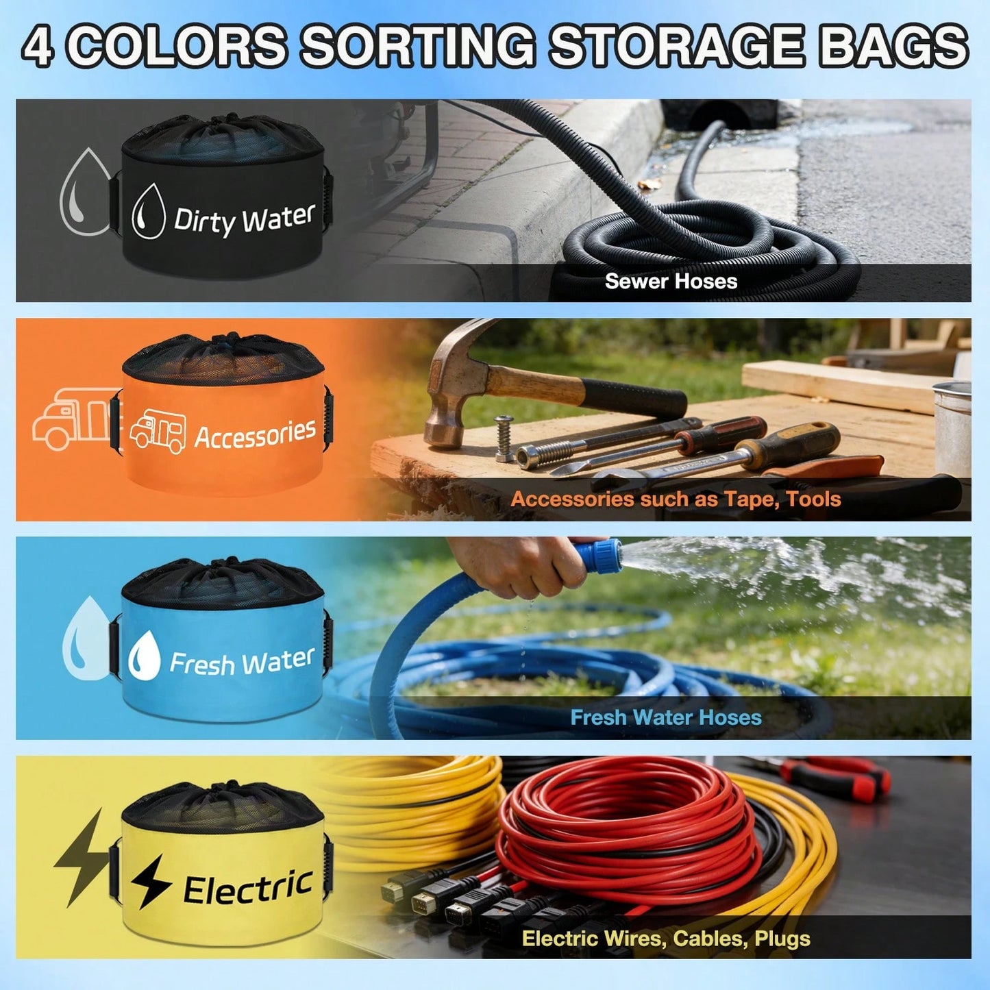 Nilight 4 Pack Waterproof RV Storage Bag With Mesh Top Drawstring Hose Organizer For Sewer Fresh Water Cords Camper Accessories