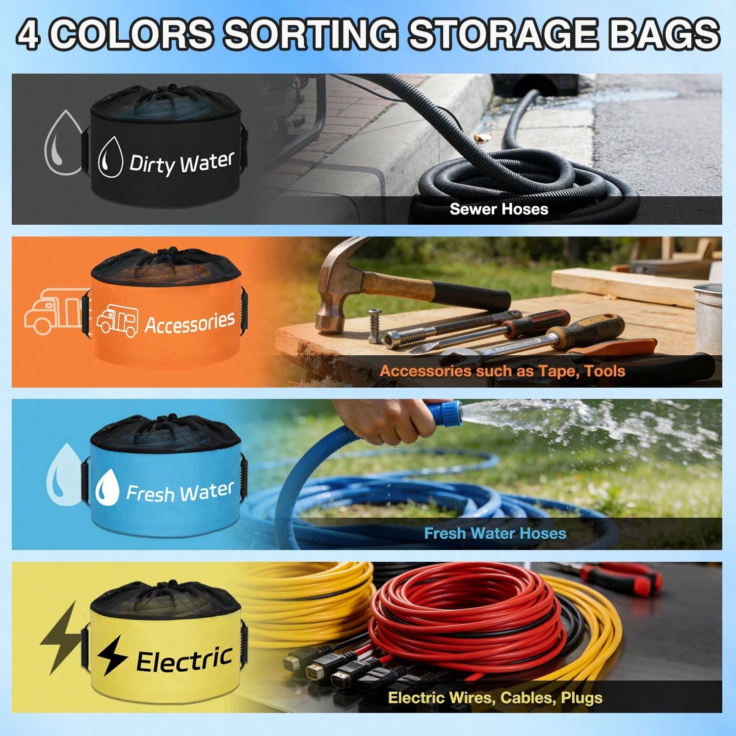 Nilight 4 Pack Waterproof RV Storage Bag With Mesh Top Drawstring Hose Organizer For Sewer Fresh Water Cords Camper Accessories