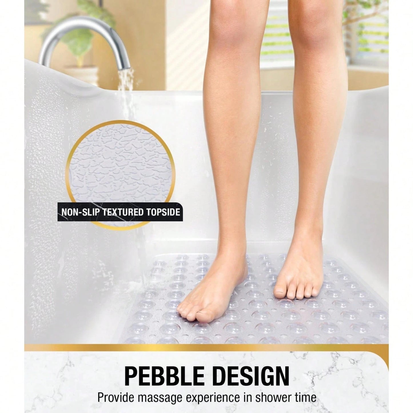 Non Slip Bath Mat For Tub 40x16 Inch Extra Long, Blue Clear Black Shower Mat With Strong Suction Cups And Quick Dry Drain Holes, Machine Washable Bathtub Mat For Bathroom Floor And Shower Base, Soft P