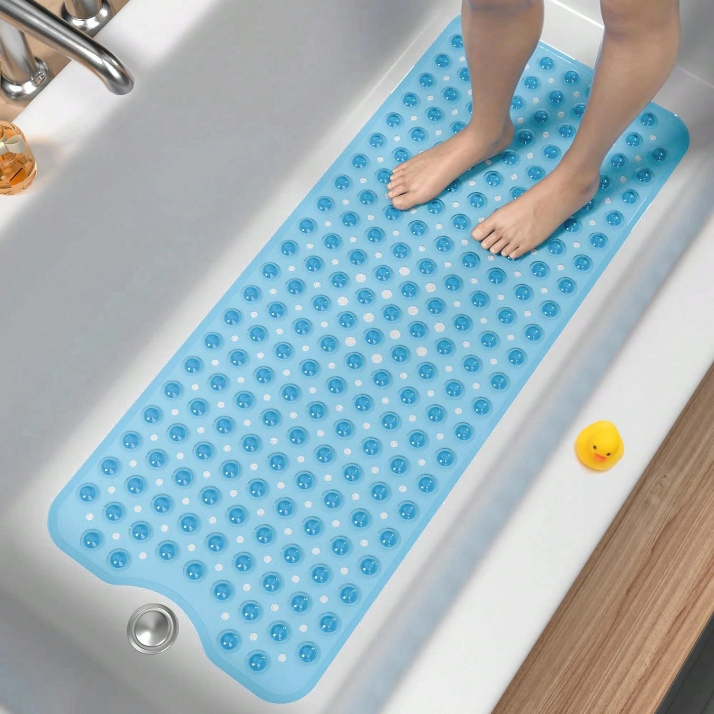 Non Slip Bath Mat For Tub 40x16 Inch Extra Long, Blue Clear Black Shower Mat With Strong Suction Cups And Quick Dry Drain Holes, Machine Washable Bathtub Mat For Bathroom Floor And Shower Base, Soft P