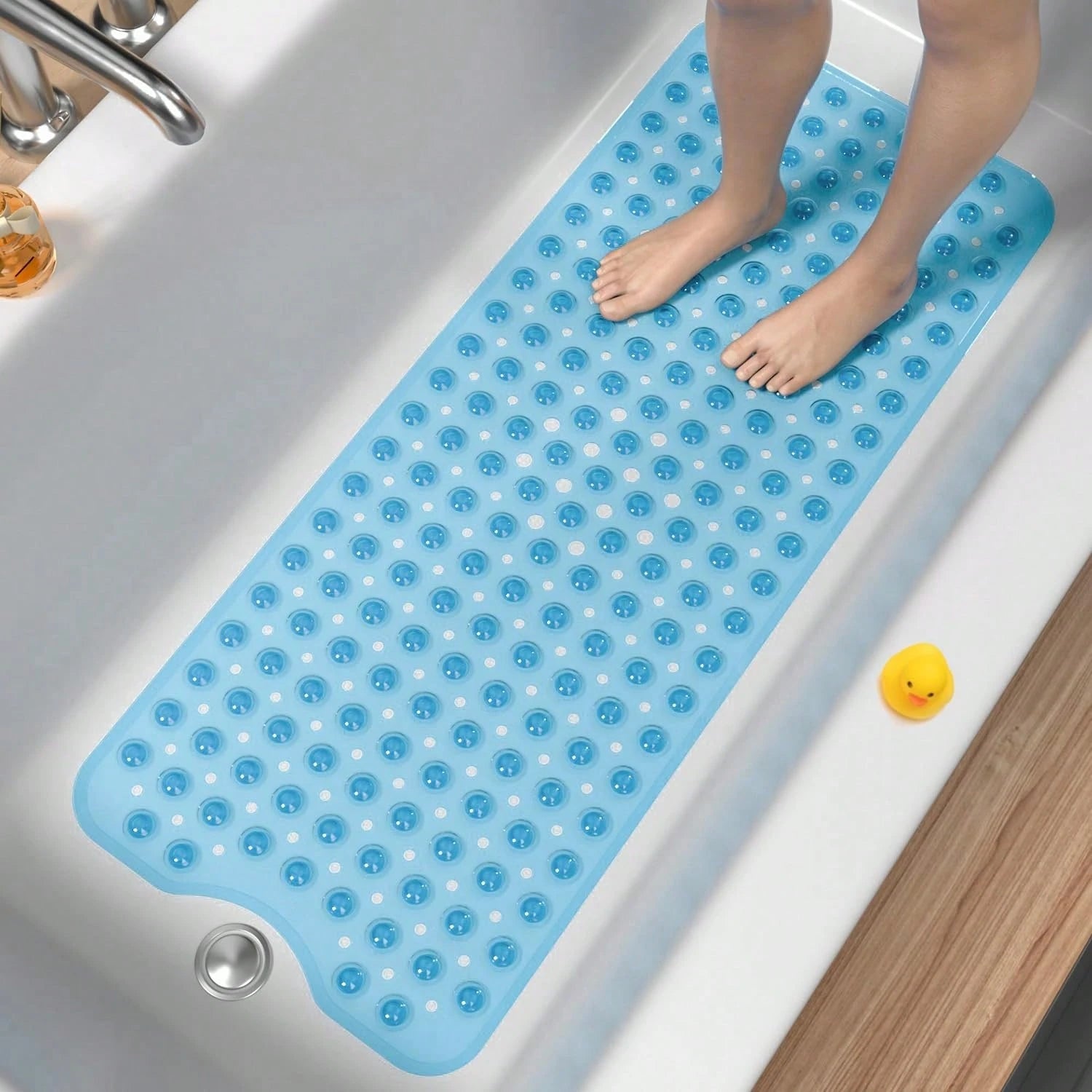 Non Slip Bath Mat For Tub 40x16 Inch Extra Long, Blue Clear Black Shower Mat With Strong Suction Cups And Quick Dry Drain Holes, Machine Washable Bathtub Mat For Bathroom Floor And Shower Base, Soft P