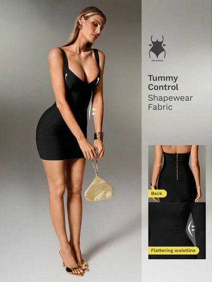 Nuvra Black Knit Spaghetti Strap Sleeveless Mini Dress,Bodycon Night Club Summer Holiday Dress For Women,Tummy Control Shapewear Bandage Dress