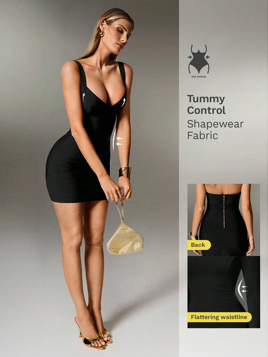 Nuvra Black Knit Spaghetti Strap Sleeveless Mini Dress,Bodycon Night Club Summer Holiday Dress For Women,Tummy Control Shapewear Bandage Dress