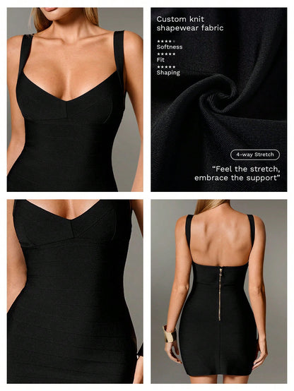 Nuvra Black Knit Spaghetti Strap Sleeveless Mini Dress,Bodycon Night Club Summer Holiday Dress For Women,Tummy Control Shapewear Bandage Dress