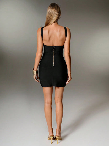 Nuvra Black Knit Spaghetti Strap Sleeveless Mini Dress,Bodycon Night Club Summer Holiday Dress For Women,Tummy Control Shapewear Bandage Dress