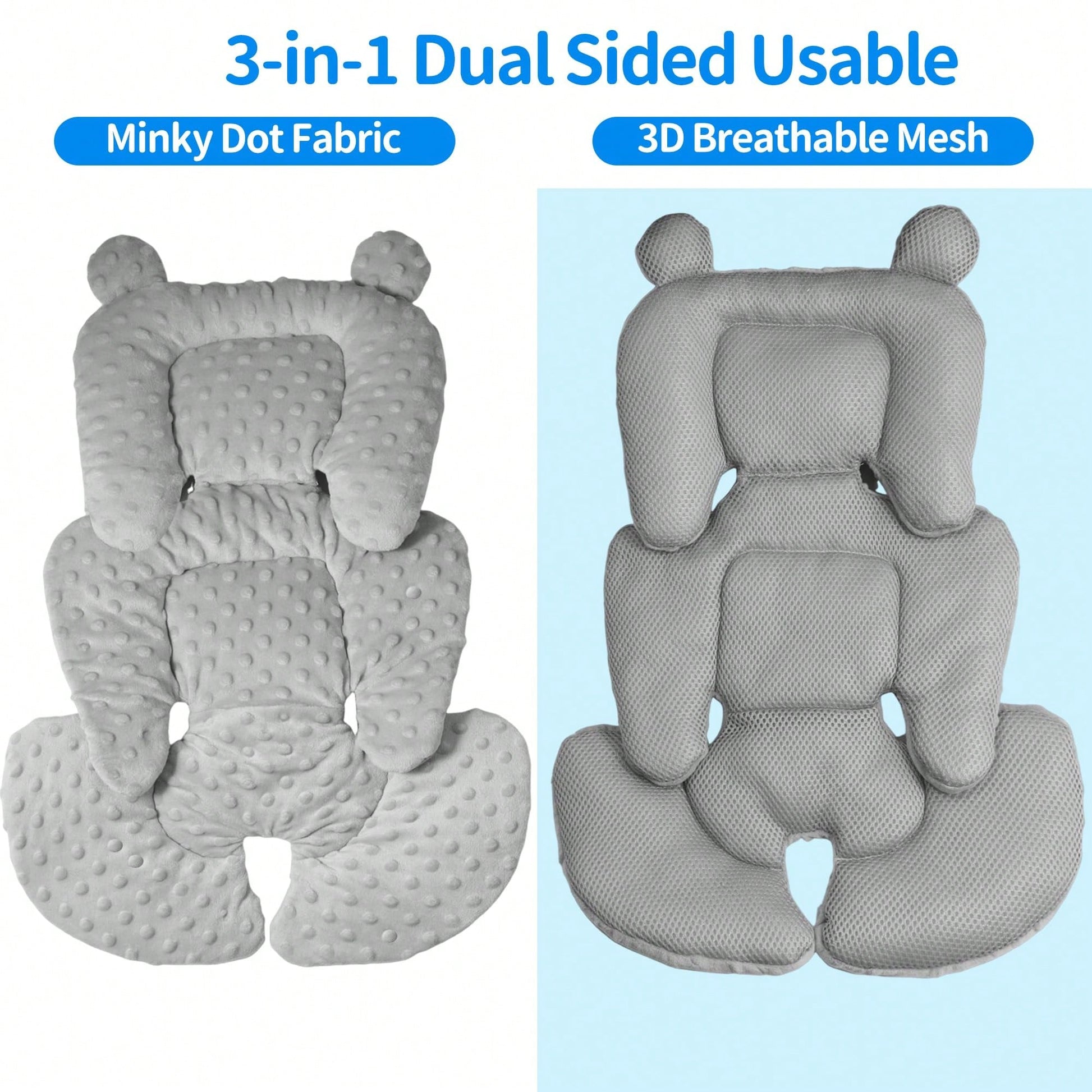 Oaoleer 1PC 3in1 Reversible Carseat Head Body Support Newborn,3D Minnky Infant Car Seat Insert,Extra Soft Breathable Baby Car Seat Cushion Boys Girls