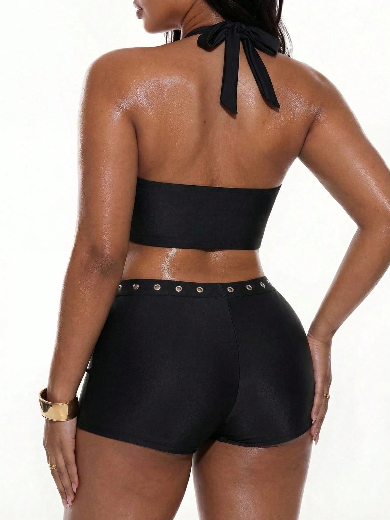 Oceva Plus Size Hollow-Out Backless Black Spaghetti Strap Crop Top & Shorts 2-Piece Set,Kawaii Y2K Rocker Clubwear Summer Beach,Pool Party,Festival