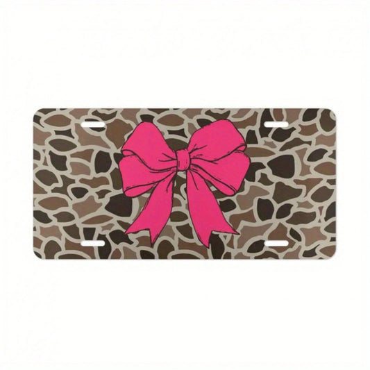 Old-Fashioned Camouflage License Plate With A Cool Hot Pink Bow| Aluminum Front Plate, 6x12inch Polished Metal Standard Plate, Universal Type, 2D Flat Surface, Easy To Install, Decorative Use Only