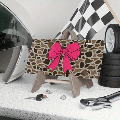Old-Fashioned Camouflage License Plate With A Cool Hot Pink Bow| Aluminum Front Plate, 6x12inch Polished Metal Standard Plate, Universal Type, 2D Flat Surface, Easy To Install, Decorative Use Only