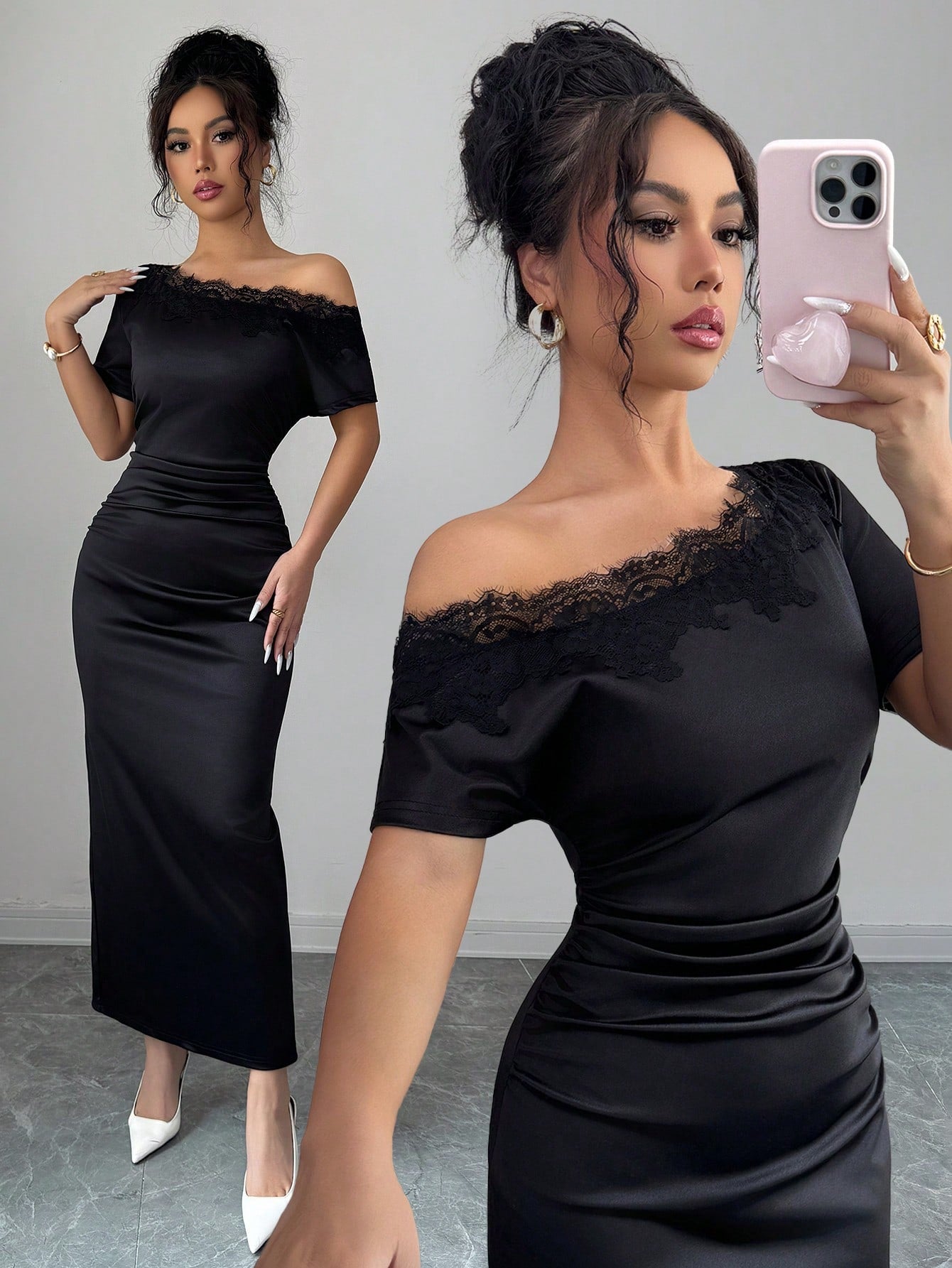 Olia Maree Women's Satin Asymmetric Ruched Contrast Lace Asymmetrical Shoulder Bodycon A-Line Dress, Summer