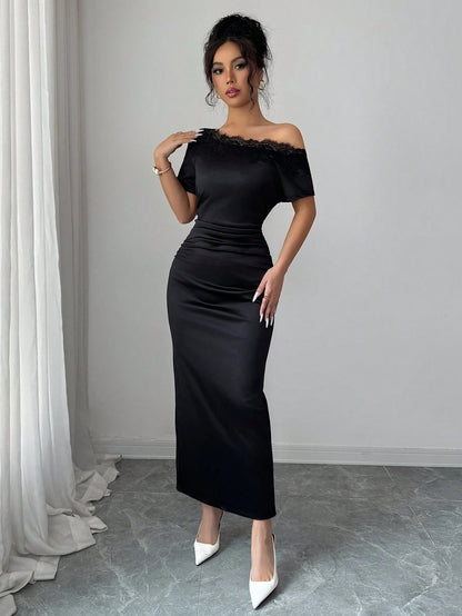 Olia Maree Women's Satin Asymmetric Ruched Contrast Lace Asymmetrical Shoulder Bodycon A-Line Dress, Summer