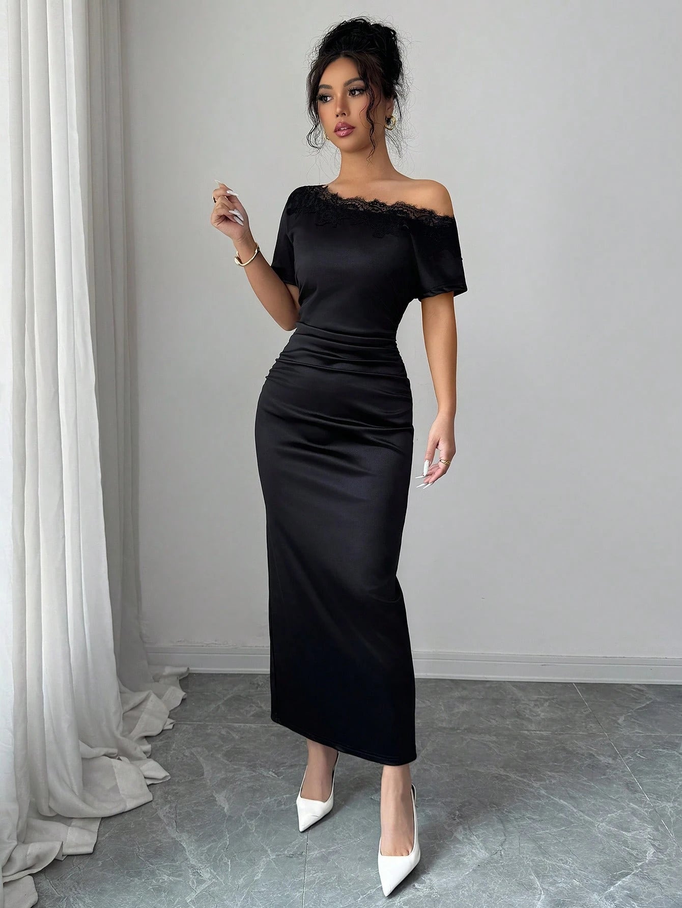Olia Maree Women's Satin Asymmetric Ruched Contrast Lace Asymmetrical Shoulder Bodycon A-Line Dress, Summer