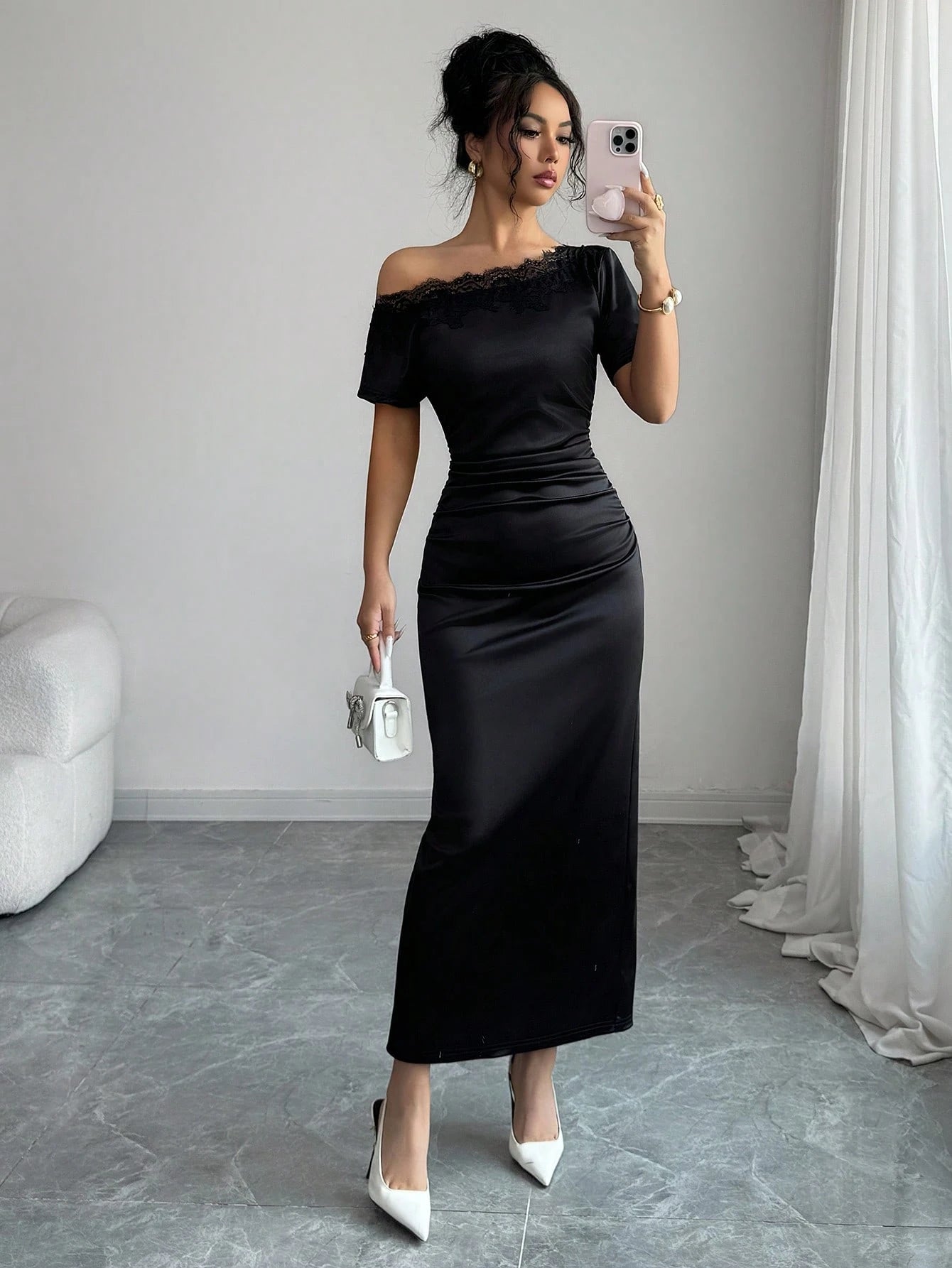 Olia Maree Women's Satin Asymmetric Ruched Contrast Lace Asymmetrical Shoulder Bodycon A-Line Dress, Summer
