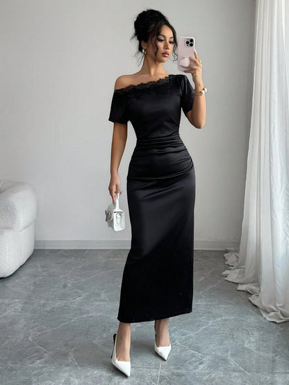 Olia Maree Women's Satin Asymmetric Ruched Contrast Lace Asymmetrical Shoulder Bodycon A-Line Dress, Summer