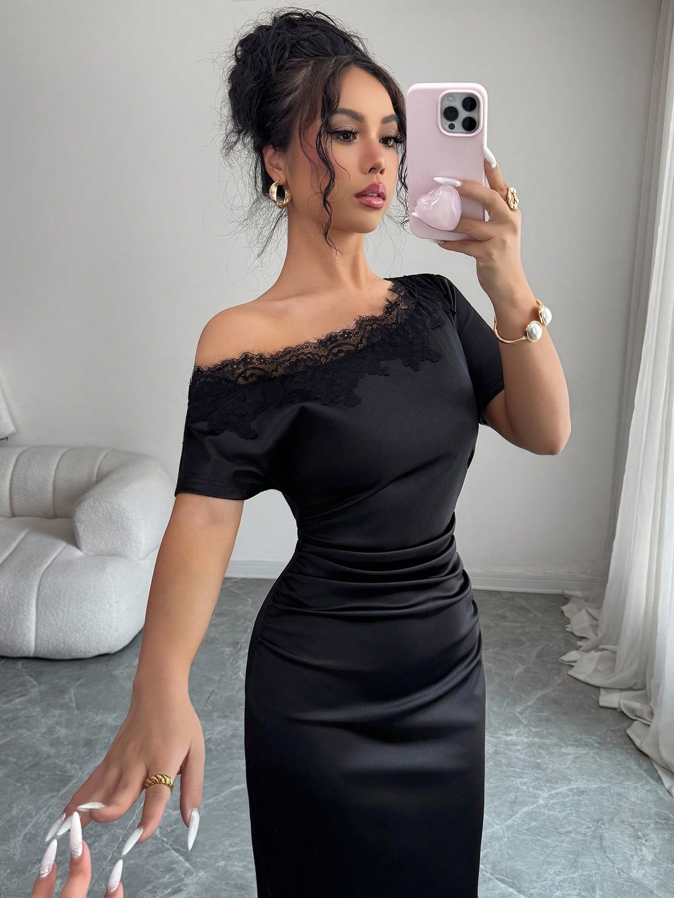 Olia Maree Women's Satin Asymmetric Ruched Contrast Lace Asymmetrical Shoulder Bodycon A-Line Dress, Summer
