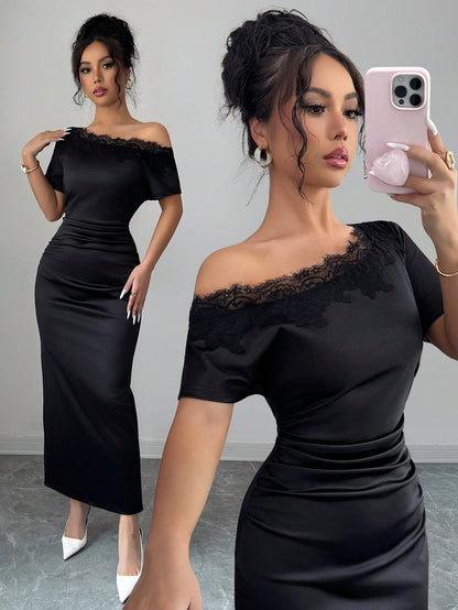 Olia Maree Women's Satin Asymmetric Ruched Contrast Lace Asymmetrical Shoulder Bodycon A-Line Dress, Summer