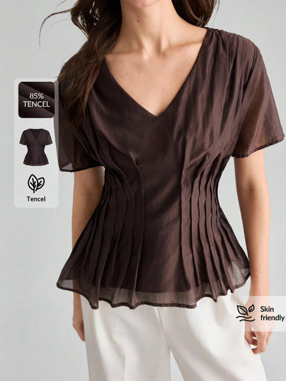 Ontre Summer Women's Solid Shades Of Brown Short Sleeve Blouse Fitted Waist Ruched V-Neck Old Money Style Minimalist French Elegant Teachers' Day