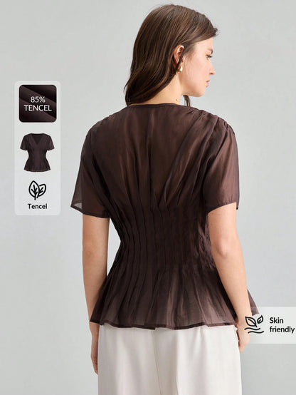 Ontre Summer Women's Solid Shades Of Brown Short Sleeve Blouse Fitted Waist Ruched V-Neck Old Money Style Minimalist French Elegant Teachers' Day