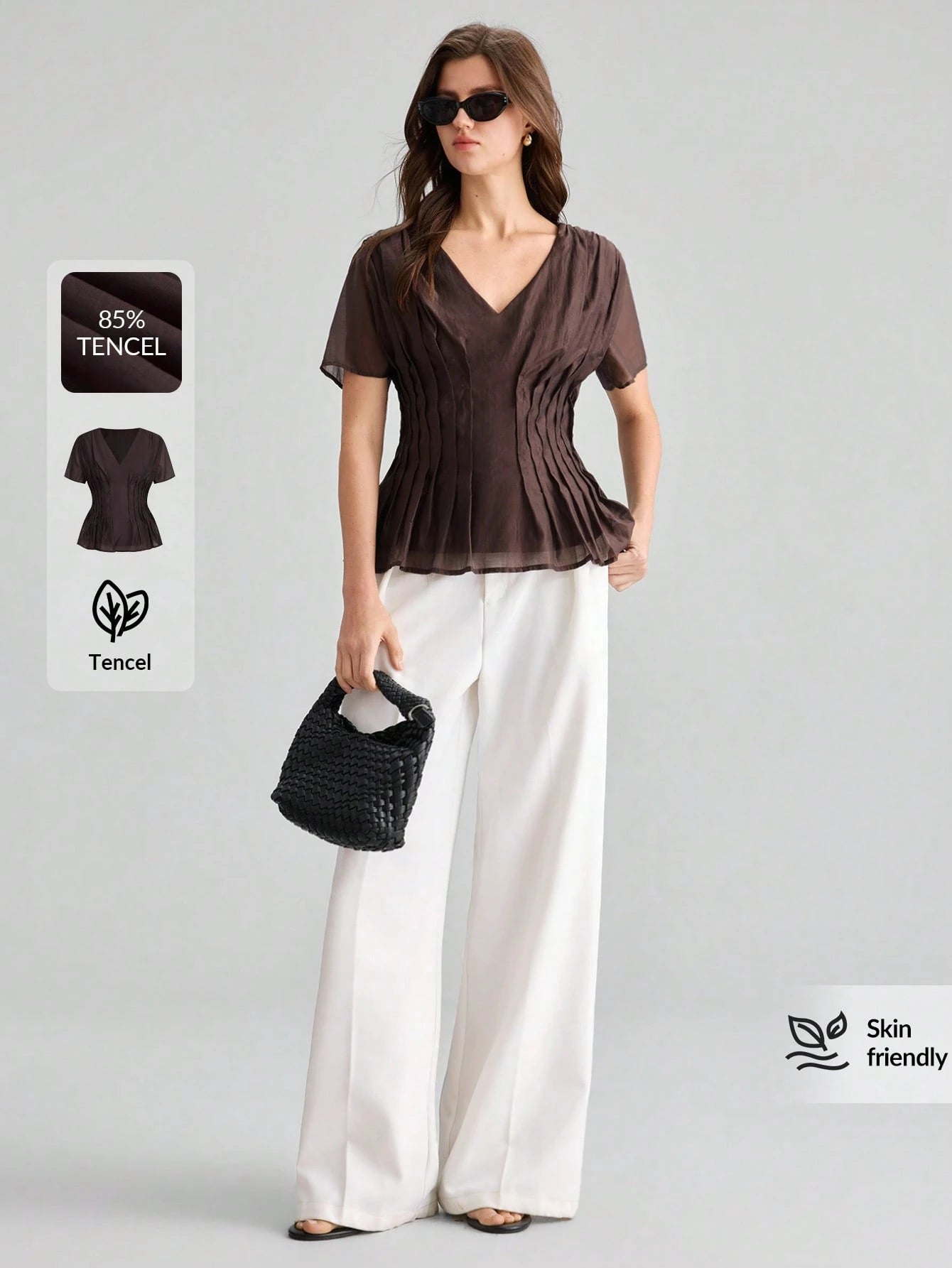 Ontre Summer Women's Solid Shades Of Brown Short Sleeve Blouse Fitted Waist Ruched V-Neck Old Money Style Minimalist French Elegant Teachers' Day