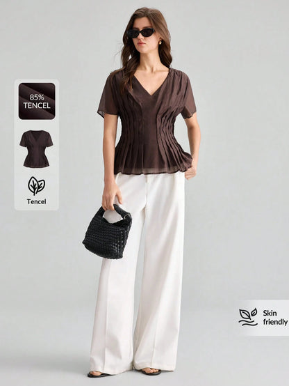 Ontre Summer Women's Solid Shades Of Brown Short Sleeve Blouse Fitted Waist Ruched V-Neck Old Money Style Minimalist French Elegant Teachers' Day