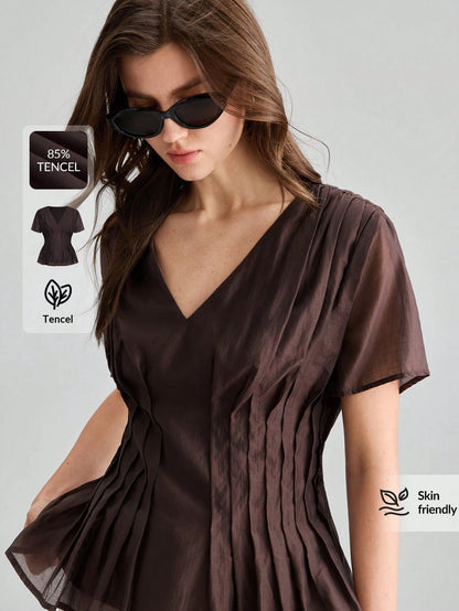 Ontre Summer Women's Solid Shades Of Brown Short Sleeve Blouse Fitted Waist Ruched V-Neck Old Money Style Minimalist French Elegant Teachers' Day
