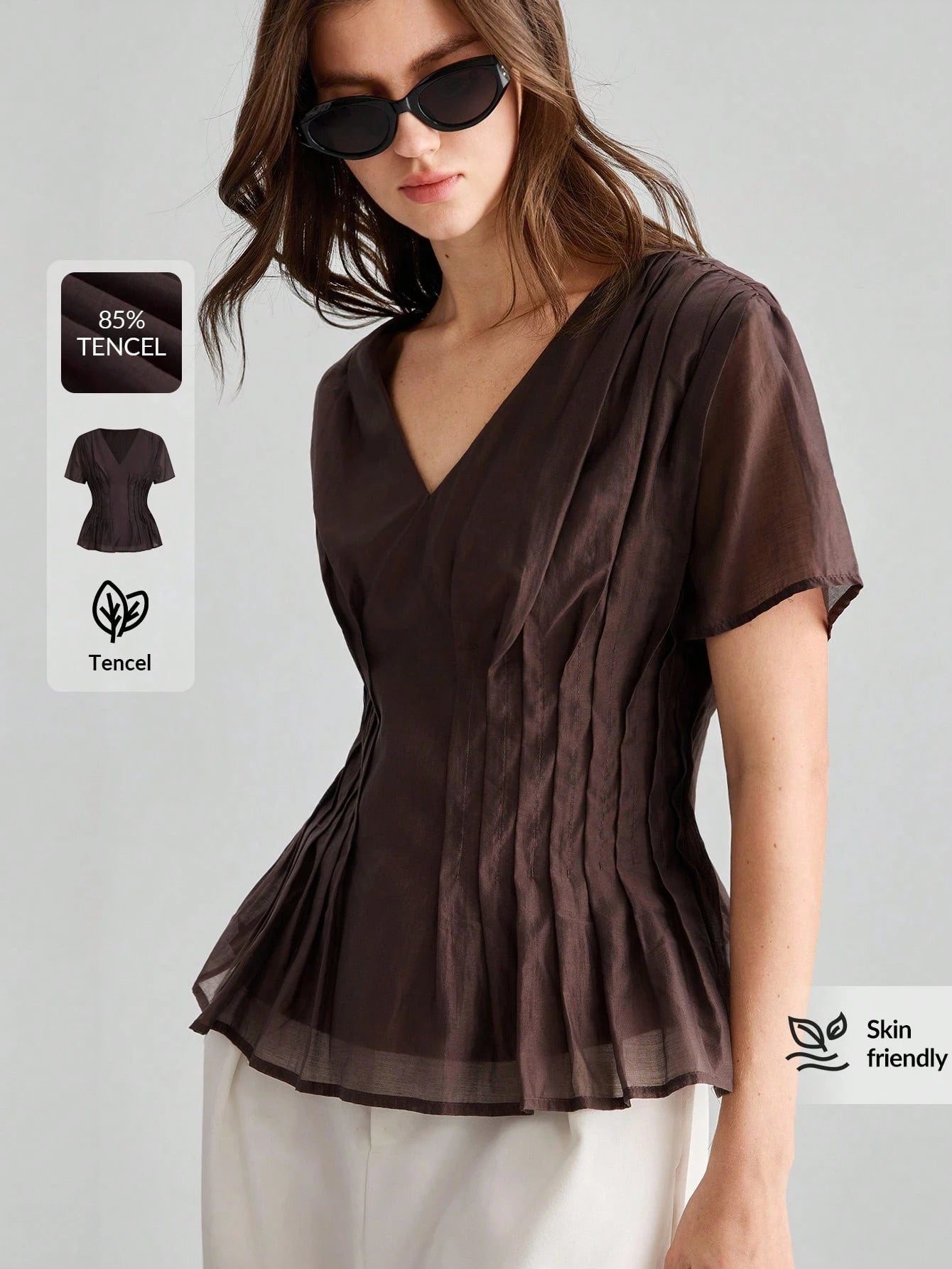 Ontre Summer Women's Solid Shades Of Brown Short Sleeve Blouse Fitted Waist Ruched V-Neck Old Money Style Minimalist French Elegant Teachers' Day