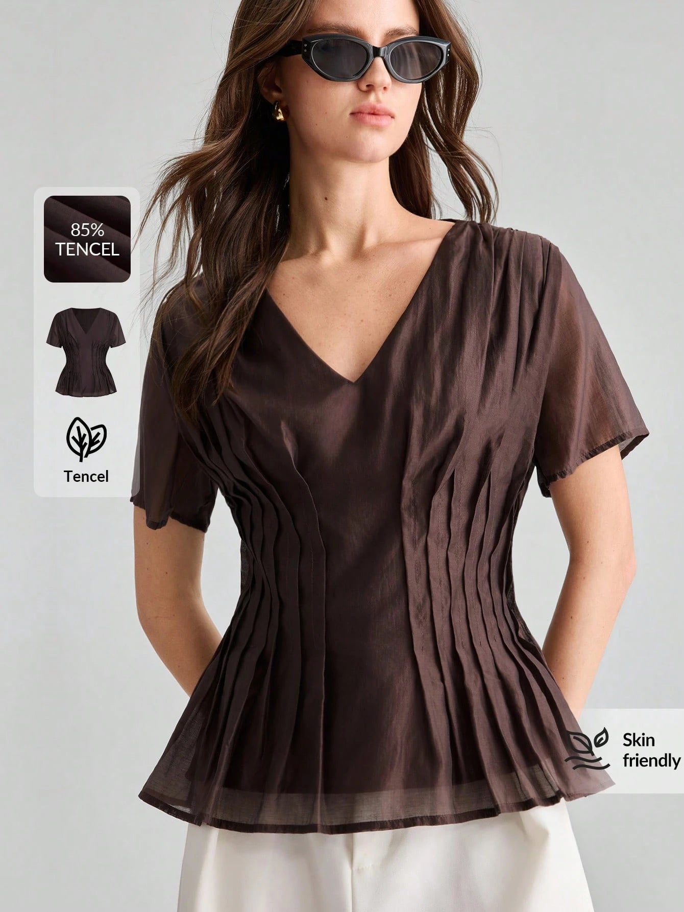 Ontre Summer Women's Solid Shades Of Brown Short Sleeve Blouse Fitted Waist Ruched V-Neck Old Money Style Minimalist French Elegant Teachers' Day