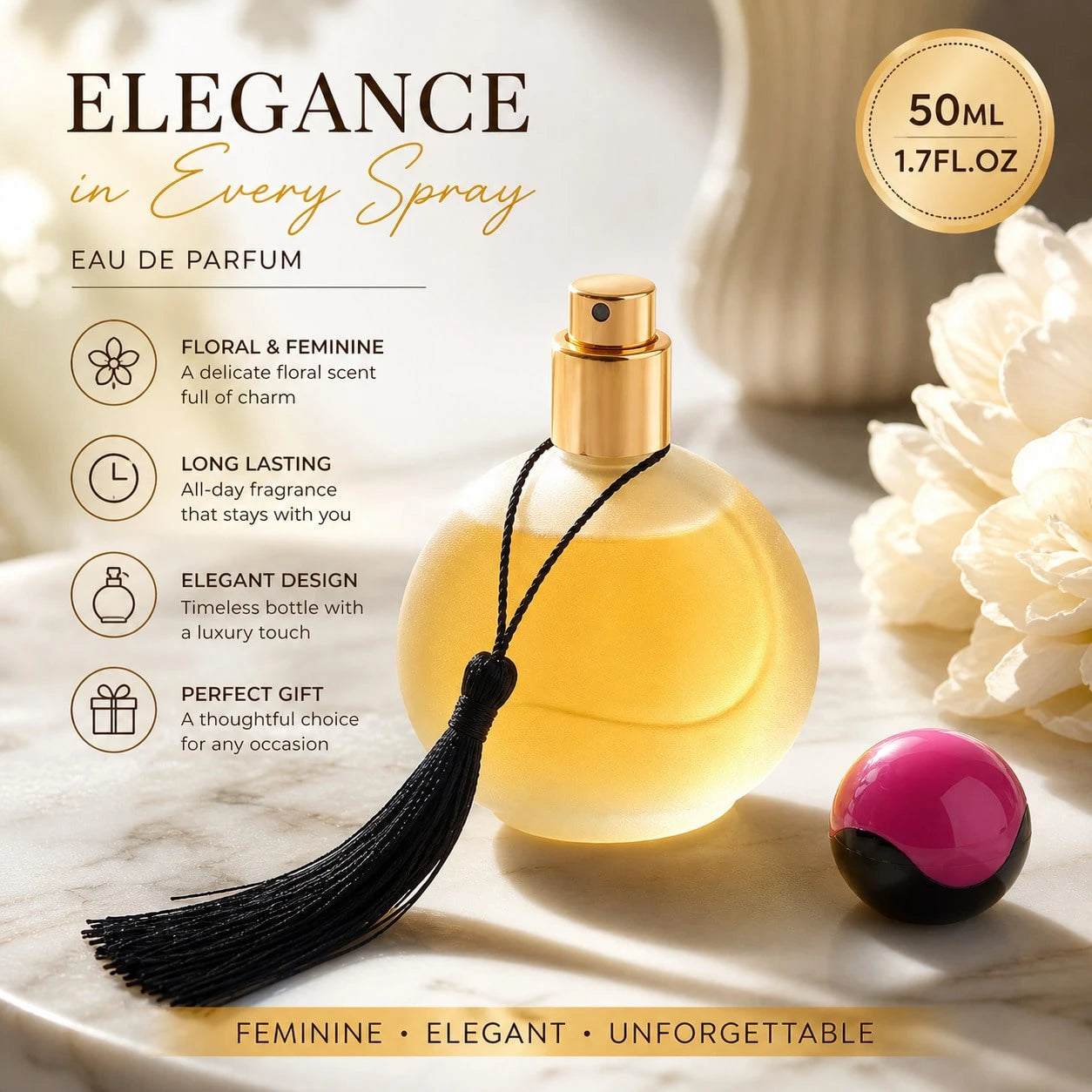 Opulent Amber 1.7oz/ 50ML Women's Perfume Luxe Gold Sphere Long-Lasting Floral Fragrance Premium Eau De Parfum Vintage Tassel Aesthetic Vanity Birthday Gift