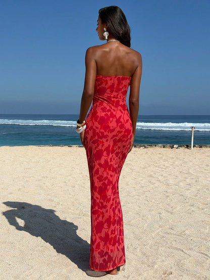 Opulessa Red Floral Summer Casual Sexy Tropical Holiday Vacation Knit Mesh Printed Fitted Dress For Women Elegant Beach Mermaid Bohemian Ibiza Western Style