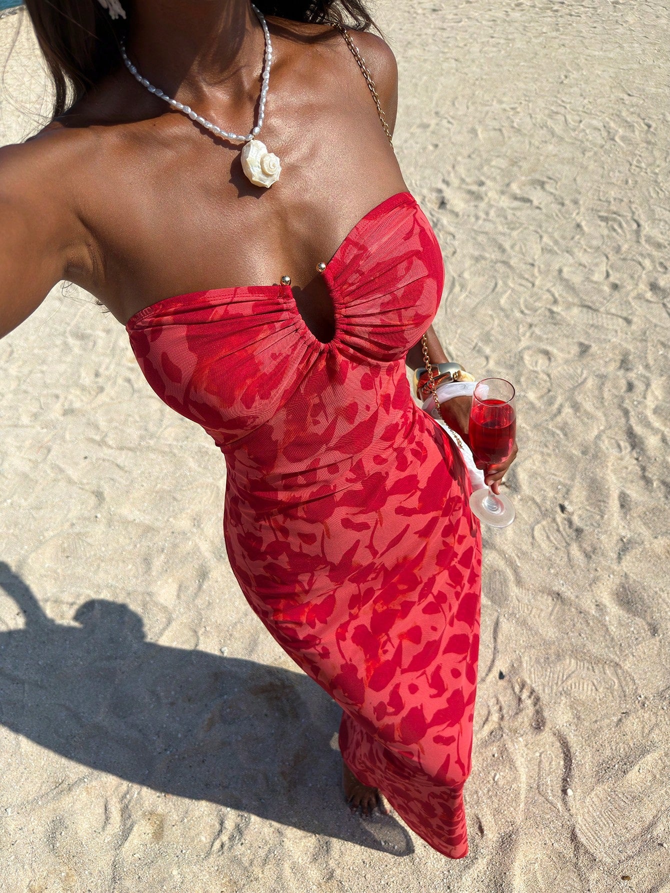 Opulessa Red Floral Summer Casual Sexy Tropical Holiday Vacation Knit Mesh Printed Fitted Dress For Women Elegant Beach Mermaid Bohemian Ibiza Western Style