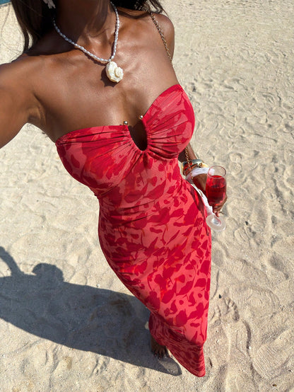 Opulessa Red Floral Summer Casual Sexy Tropical Holiday Vacation Knit Mesh Printed Fitted Dress For Women Elegant Beach Mermaid Bohemian Ibiza Western Style