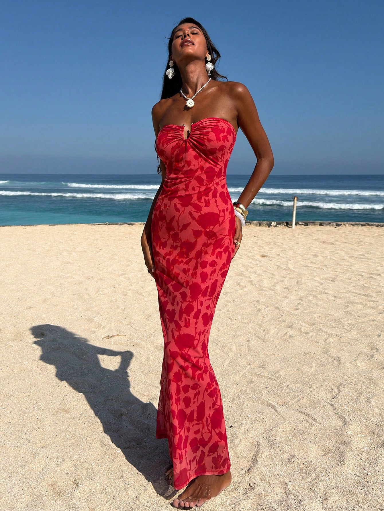 Opulessa Red Floral Summer Casual Sexy Tropical Holiday Vacation Knit Mesh Printed Fitted Dress For Women Elegant Beach Mermaid Bohemian Ibiza Western Style