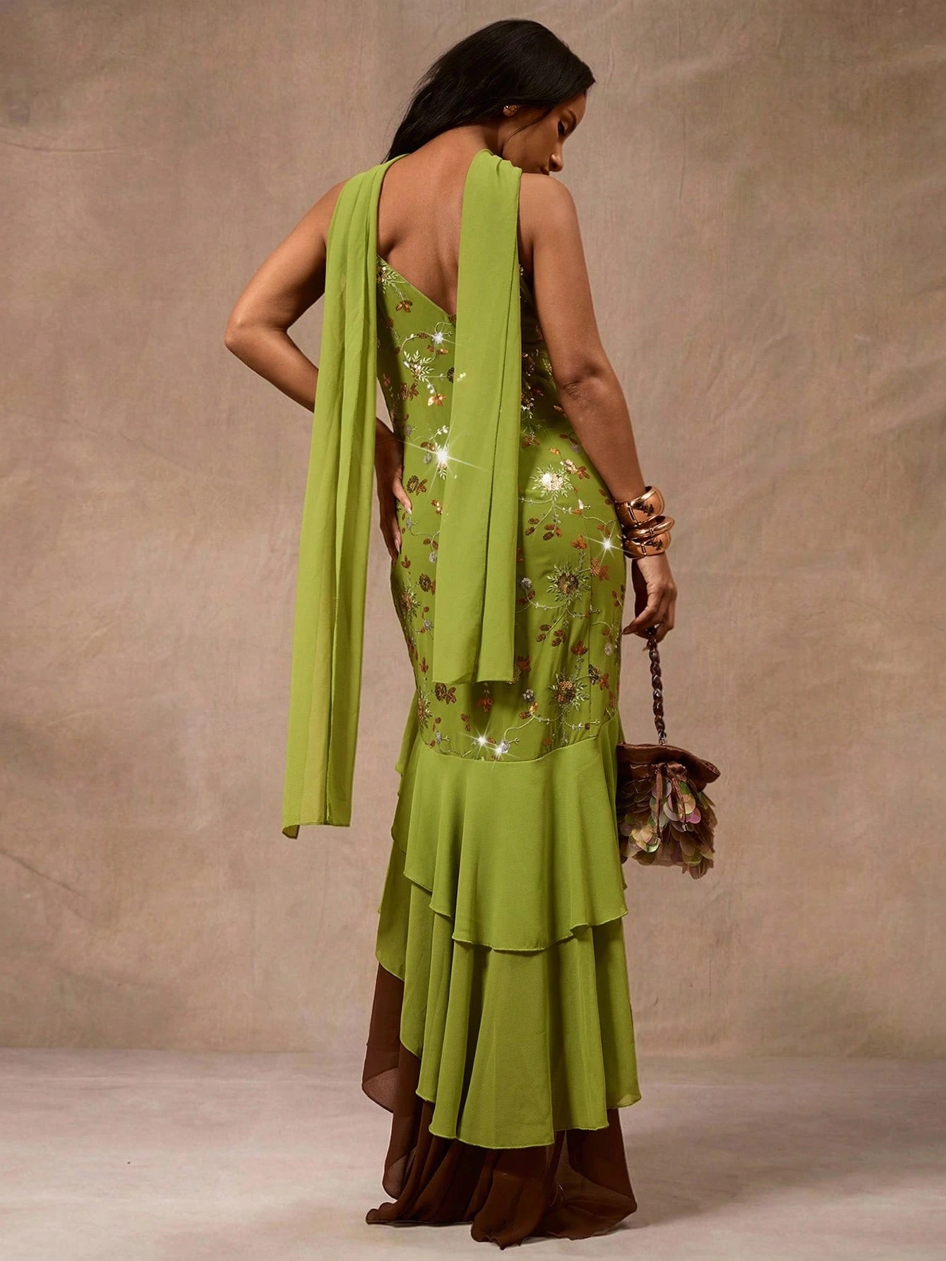 Opulessa Women's Green Boho Summer Floral Sequin Ruffle Hem Slip Dress,Elegant Mermaid Vacation Beach Party Night Luxury Evening Dresses For Wedding Cruise