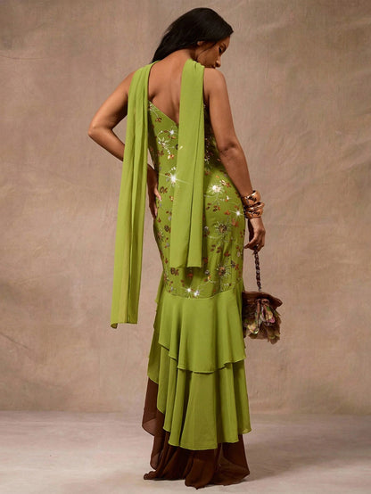 Opulessa Women's Green Boho Summer Floral Sequin Ruffle Hem Slip Dress,Elegant Mermaid Vacation Beach Party Night Luxury Evening Dresses For Wedding Cruise