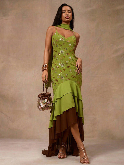 Opulessa Women's Green Boho Summer Floral Sequin Ruffle Hem Slip Dress,Elegant Mermaid Vacation Beach Party Night Luxury Evening Dresses For Wedding Cruise