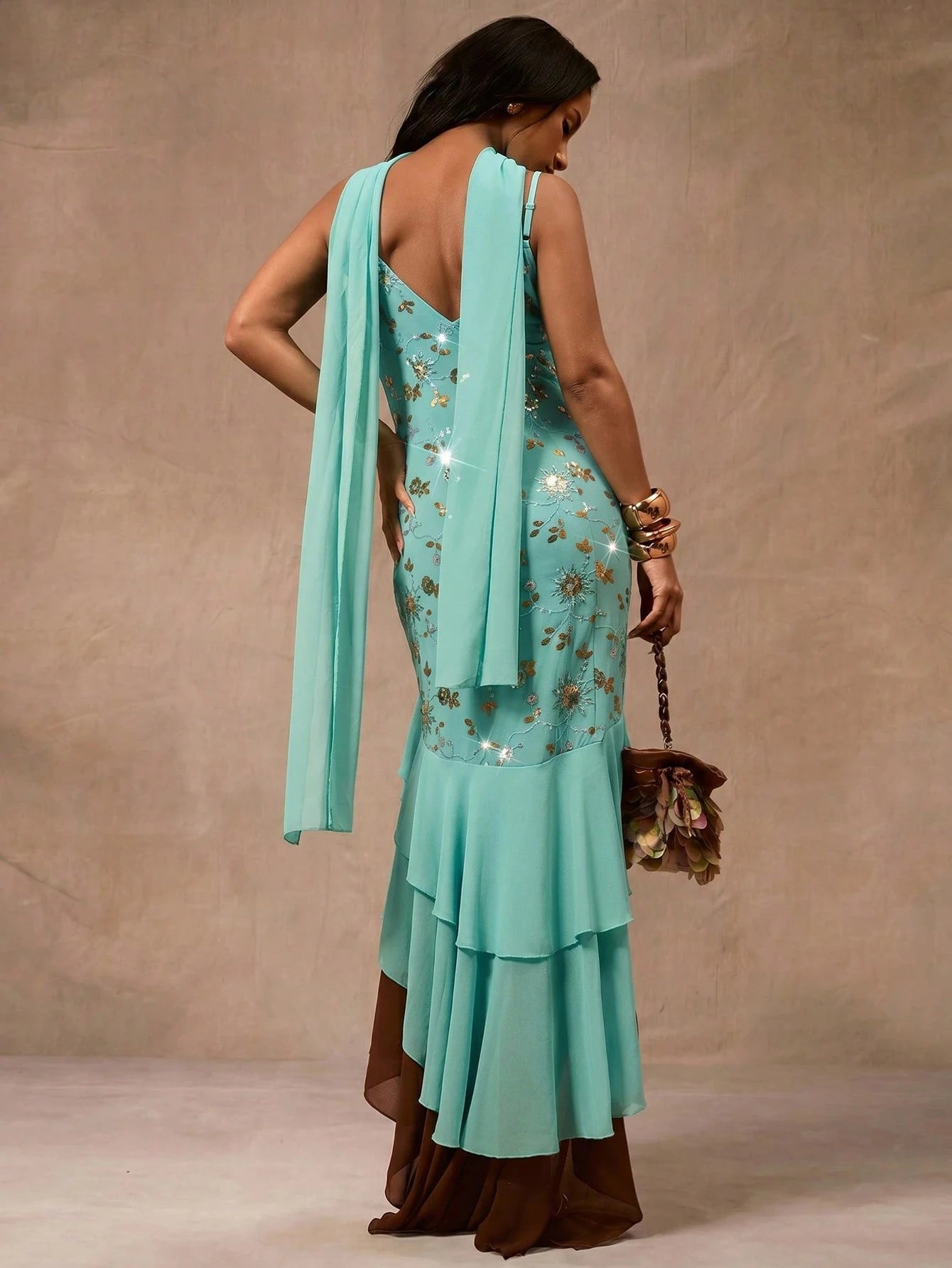 Opulessa Women's Green Boho Summer Floral Sequin Ruffle Hem Slip Dress,Elegant Mermaid Vacation Beach Party Night Luxury Evening Dresses For Wedding Cruise