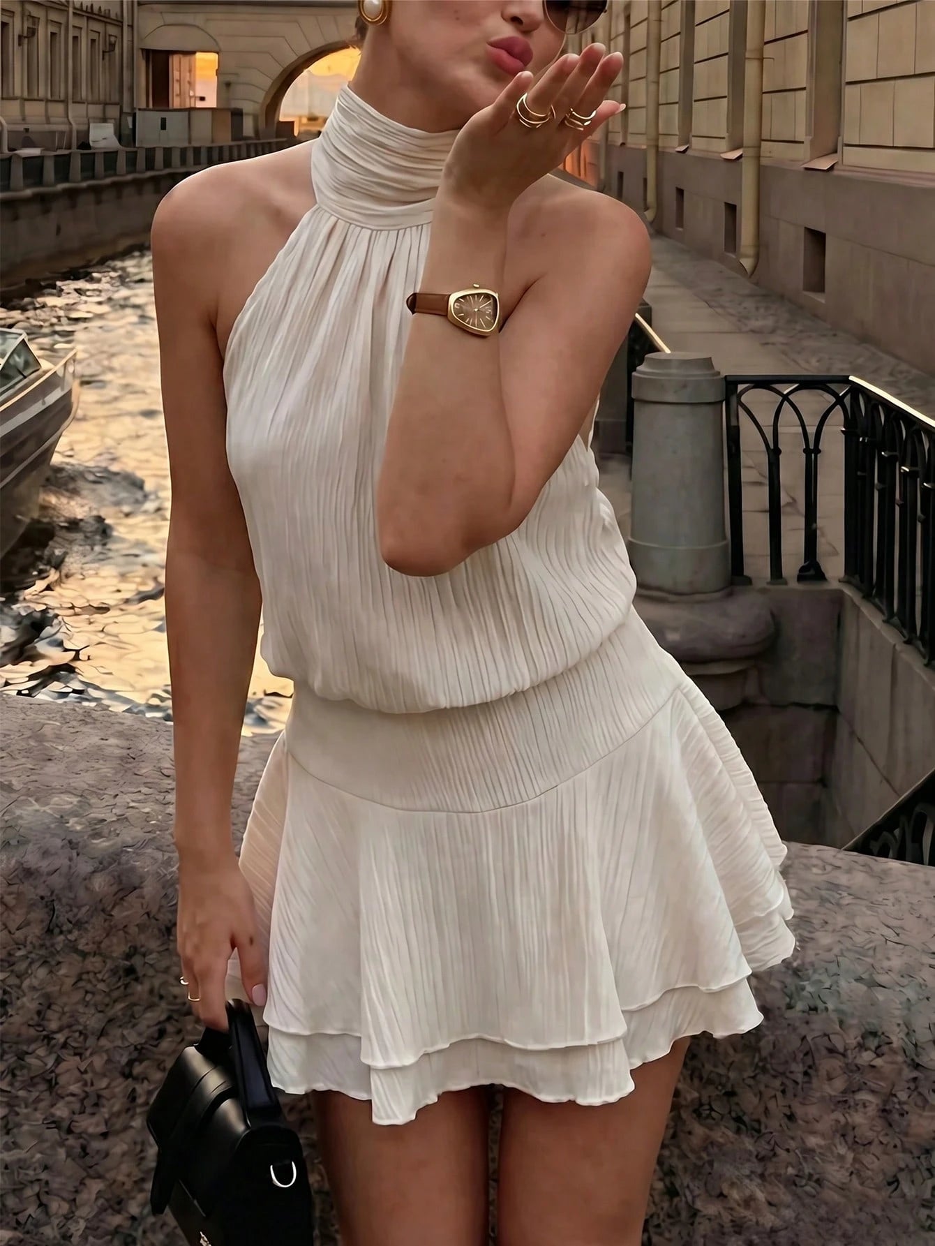 Pariaura Halter Tie Waist Dress, Textured Fabric With Back Big Bow & Double Ruffle Hem