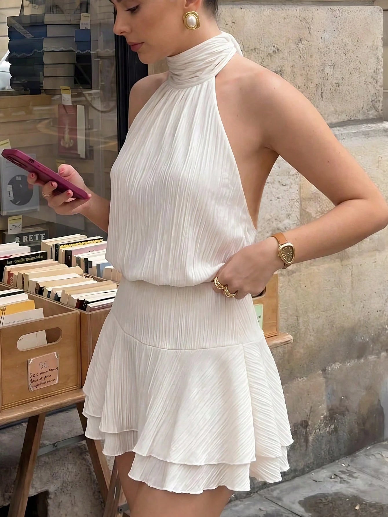 Pariaura Halter Tie Waist Dress, Textured Fabric With Back Big Bow & Double Ruffle Hem