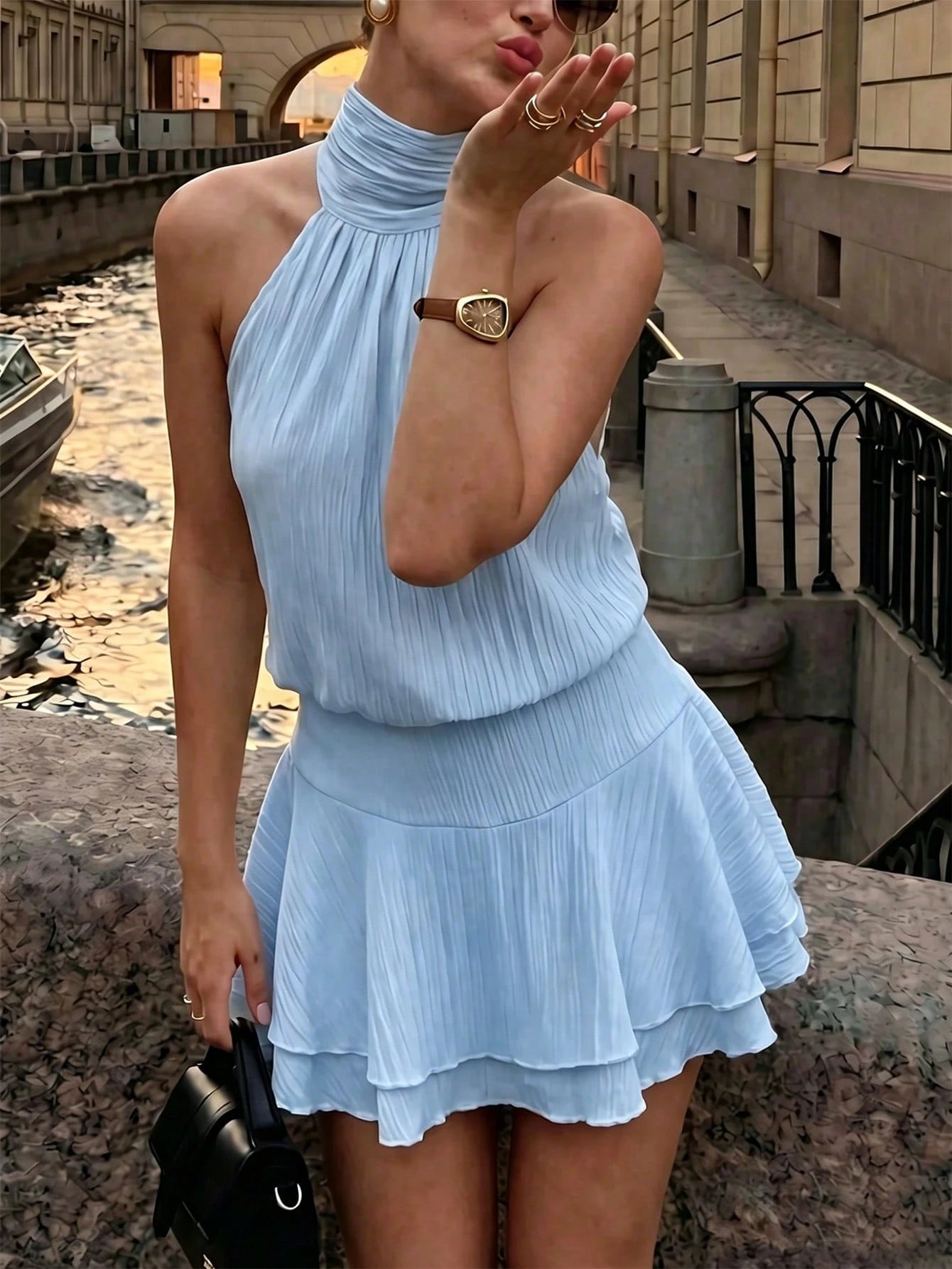 Pariaura Halter Tie Waist Dress, Textured Fabric With Back Big Bow & Double Ruffle Hem