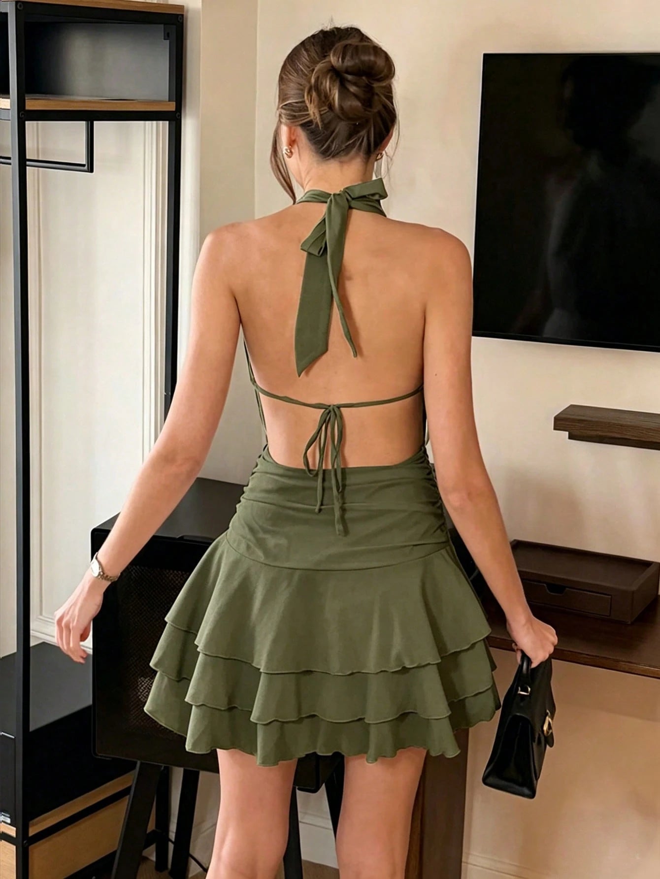 PariChic Women's Elegant Halter Neck Pleated Ruffle Short Dress,Olive Green Summer Sheer Chiffon Multi-Layered Party Night Valentine's Day Vacation